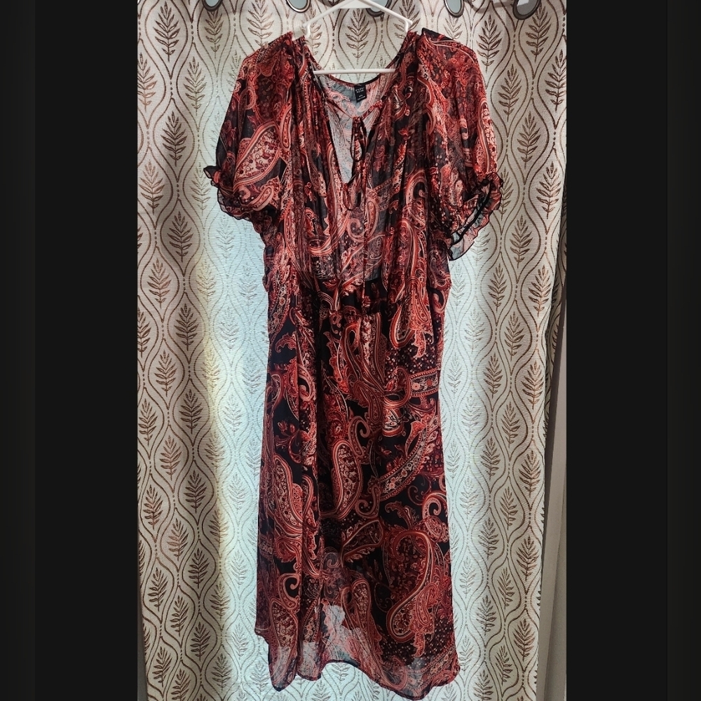 Women's Black & Red Paisley Maxi Dress with Ruffle Sleeves